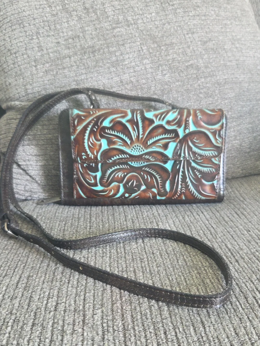 Patricia Nash Albarese Tooled Leather Turquoise Crossbody Bag